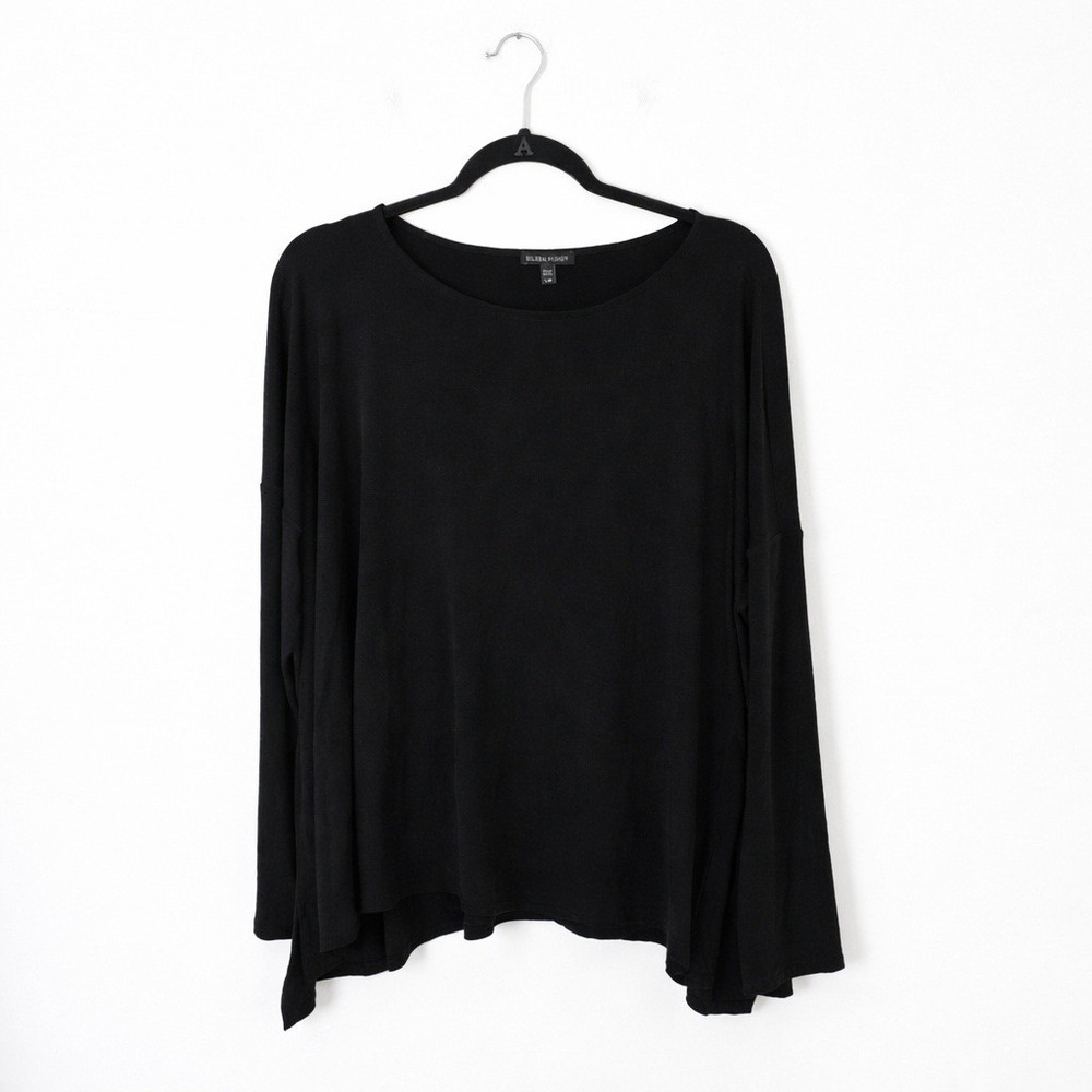 Eileen Fisher Top‎ Women L Black 100% Silk Boxy Long Sleeve Boat Neck Side Slit